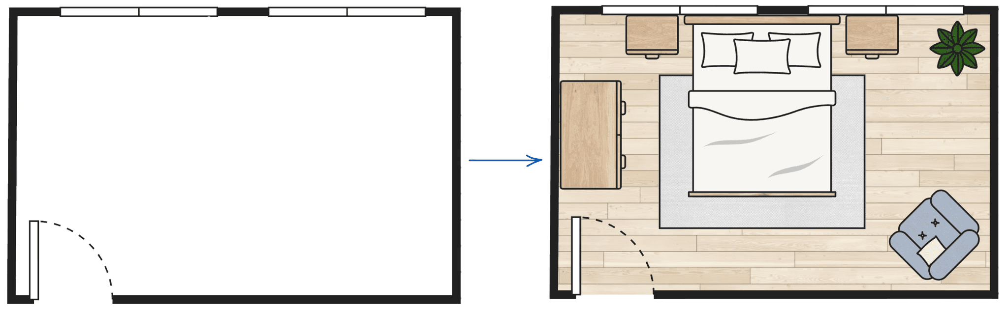 Empty bedroom floor plan transformed into a furnished bedroom layout