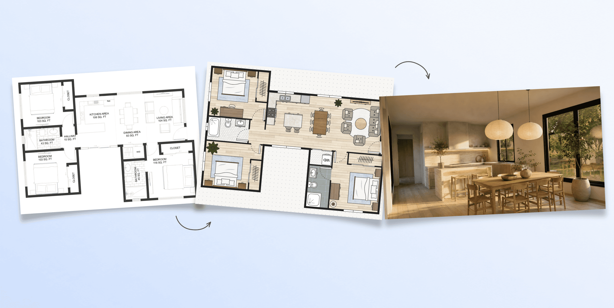 Floor plan blueprint transformed into an editable colored layout and then a photorealistic 3D kitchen render using Planovexa's AI floor plan recognizer