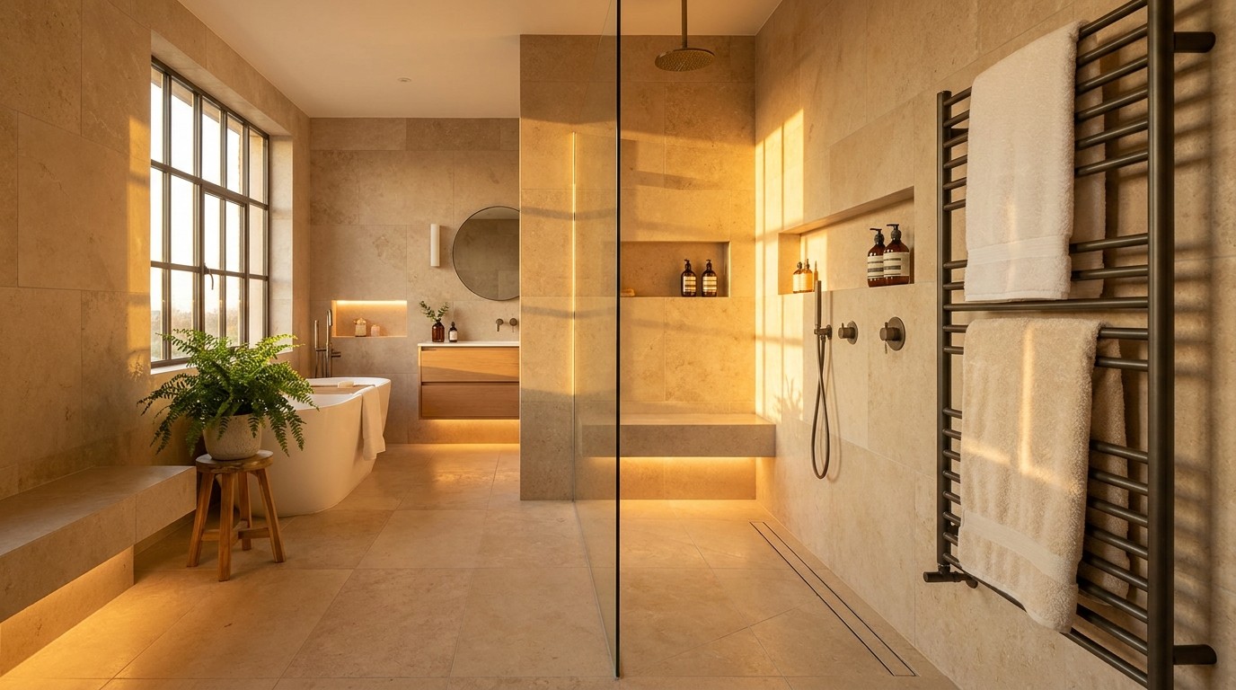 Wet room bathroom with a partial frameless glass partition, curbless floor, linear drain and wall niches in natural stone.