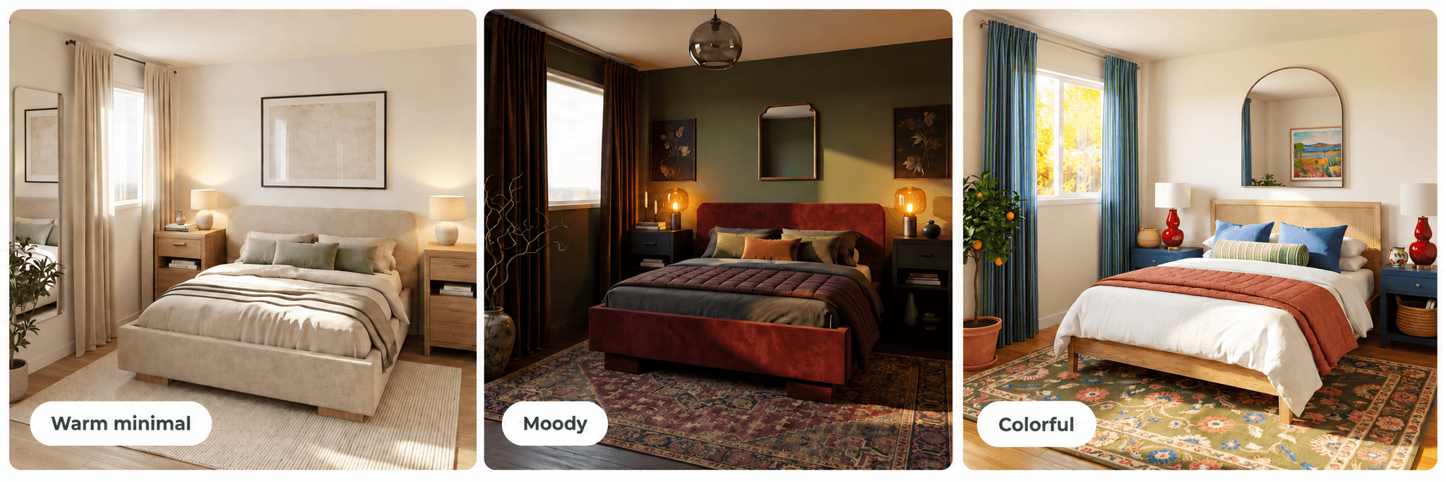 The same bedroom visualized in warm minimal, moody, and colorful styles