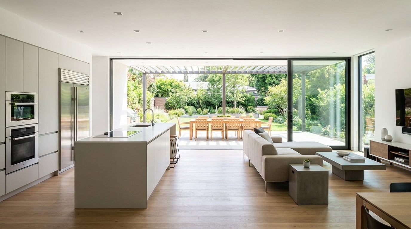 Living room with floor-to-ceiling sliding glass doors fully open onto a backyard patio with outdoor dining and garden.