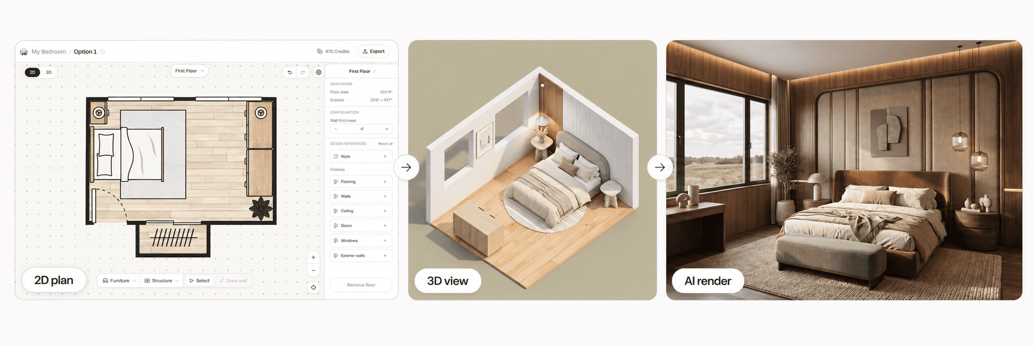 Bedroom design shown as a 2D plan, 3D view, and AI render