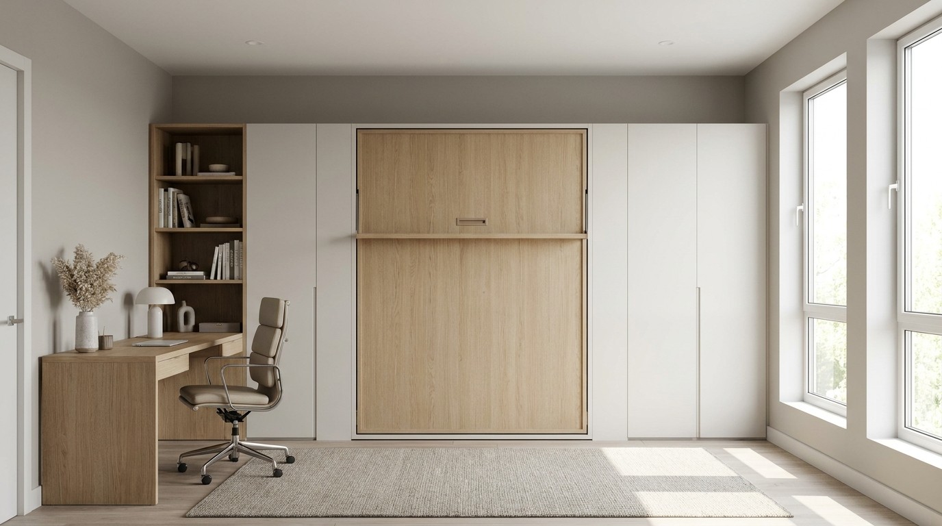 Flex room with a Murphy wall bed on one wall and a built-in desk on the other, serving as both a home office and guest bedroom.